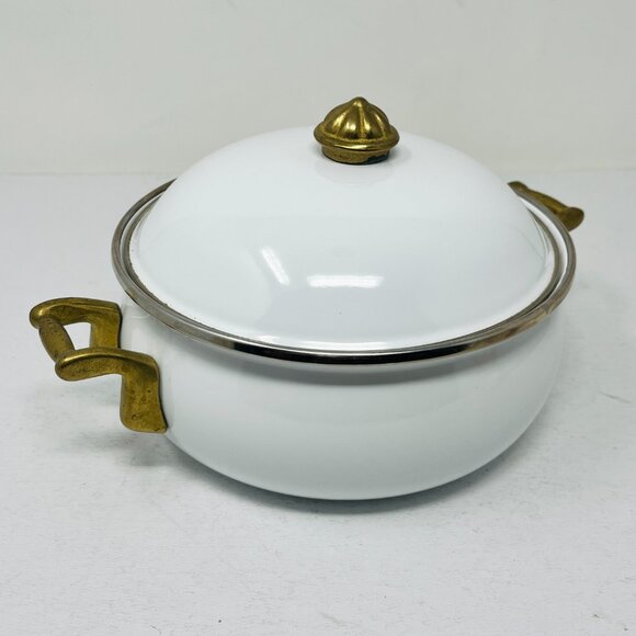 Vintage 1.5qt 6-Cups Bon Chef White Enamelware Pot & Lid w/Brass Handles Serving - Picture 4 of 12
